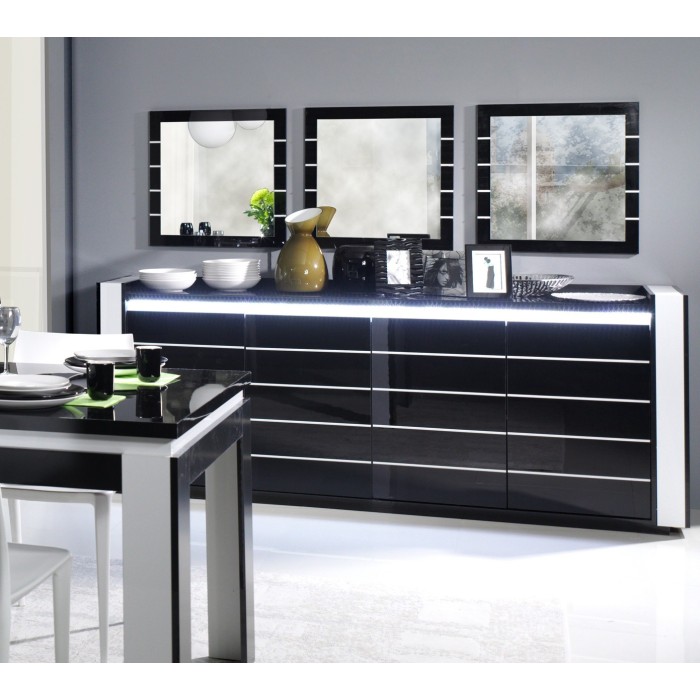 Buffet, bahut, enfilade LINA avec LED + 3 x miroirs. Meuble noir et blanc, idéal pour votre salon ou salle à manger.