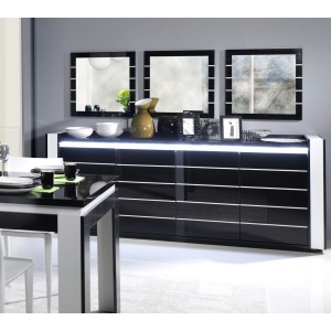 Buffet, bahut, enfilade LINA avec LED + 3 x miroirs. Meuble noir et blanc, idéal pour votre salon ou salle à manger.