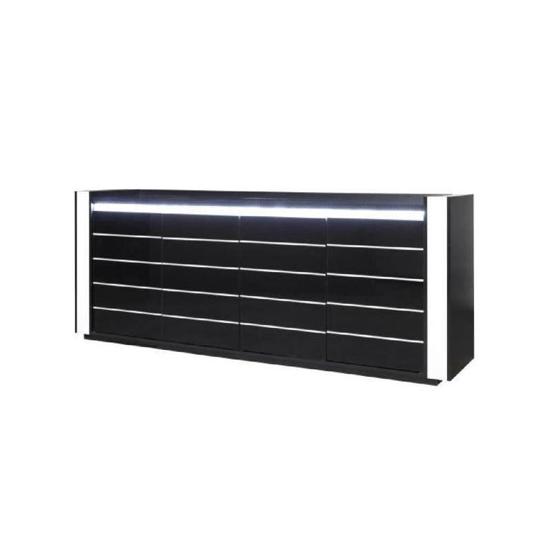 Buffet, bahut, enfilade LINA avec LED + 3 x miroirs. Meuble noir et blanc, idéal pour votre salon ou salle à manger.