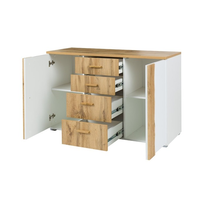 Chambre à coucher complète WOOD chêne et blanc. Lit + armoire + commode + 2 chevets