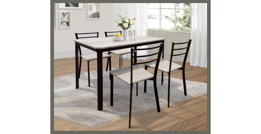 Table de cuisine et salle à manger + 4 chaises LEEDS. Ensemble repas design métal et bois.