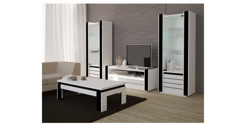 Ensemble meuble de salon LINA blanc et noir laqué.