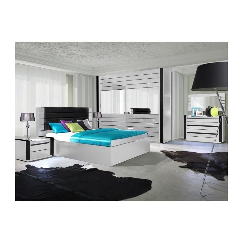 Ensemble design pour chambre à coucher LINA blanc. Lit + 2 chevets avec LED + commode avec LED.