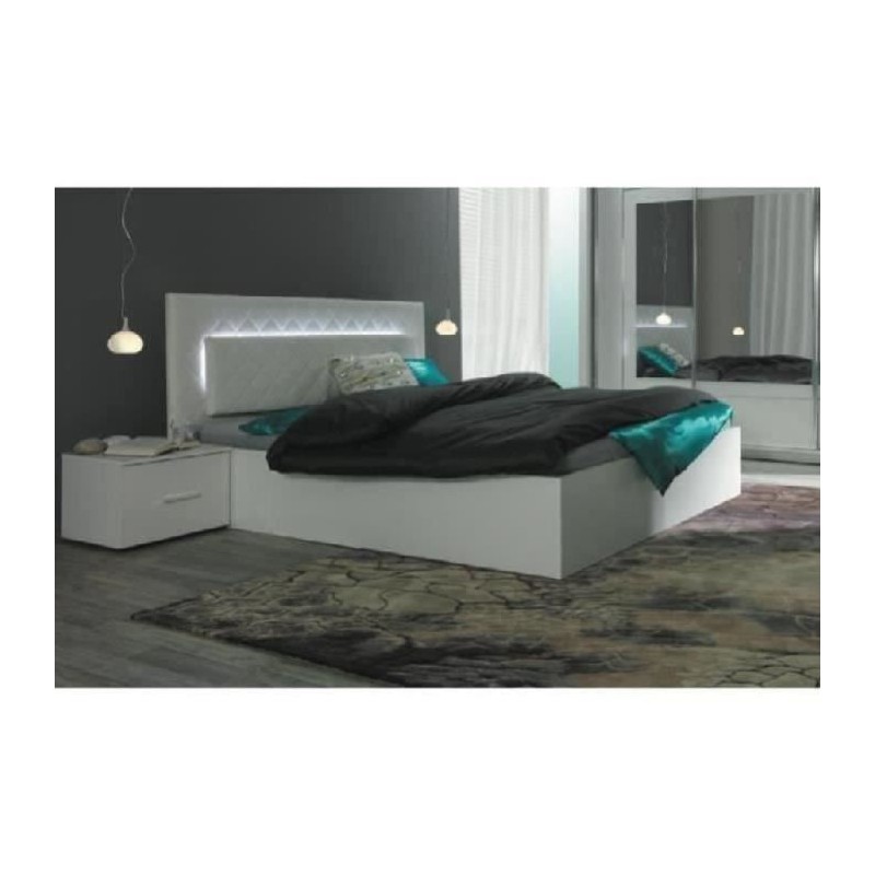 Lit design 160 x 200 avec LED + 2 chevets PANAREA couleur blanc.