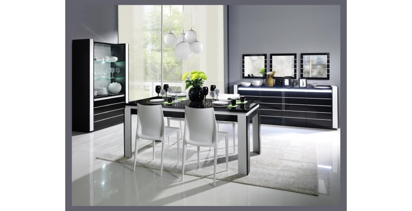Salle à manger complète LINA noire et blanche. Table 160 cm + Buffet + 3 x Miroirs + Vaisselier (led)
