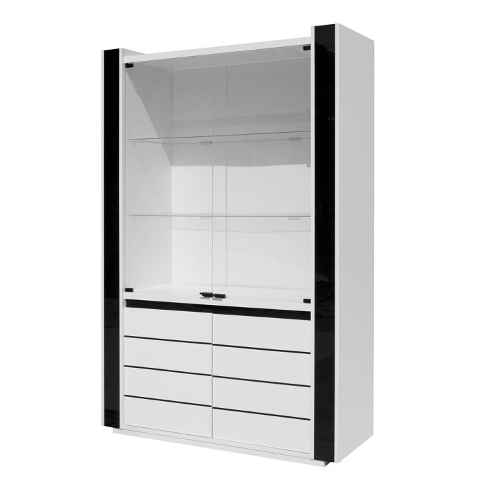 Meuble de salon et de salle à manger LINA 9 éléments blanc et noir brillant. LED incluses