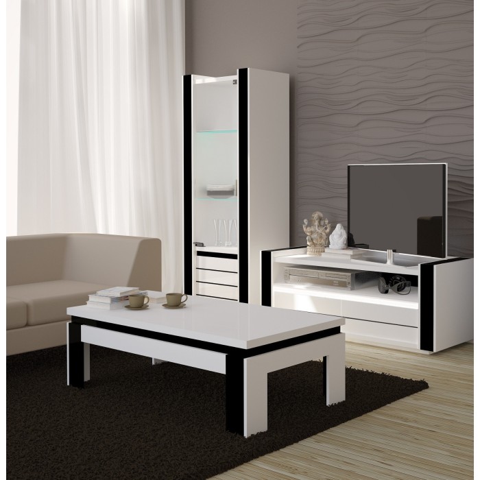 Meuble de salon et de salle à manger LINA 9 éléments blanc et noir brillant. LED incluses