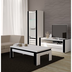 Meuble de salon et de salle à manger LINA 9 éléments blanc et noir brillant. LED incluses
