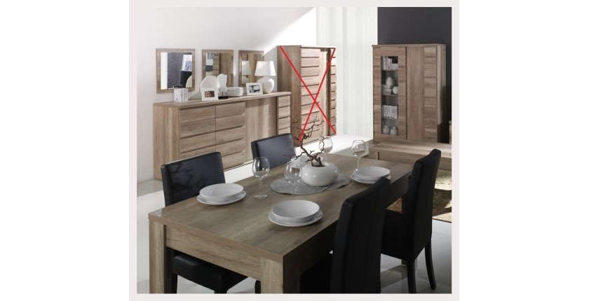 Ensemble ROMI pour salle à manger coloris chêne dab canyon. Buffet, vitrine, miroirs, table 180 cm