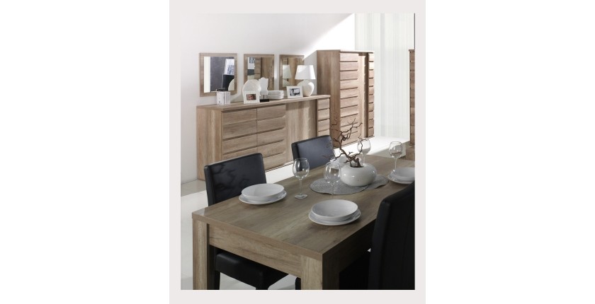Ensemble ROMI pour salle à manger coloris chêne dab canyon. Buffet, bar, miroirs, table 180 cm