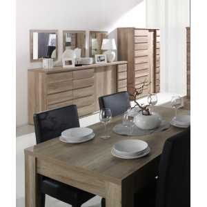 Ensemble ROMI pour salle à manger coloris chêne dab canyon. Buffet, bar, miroirs, table 180 cm