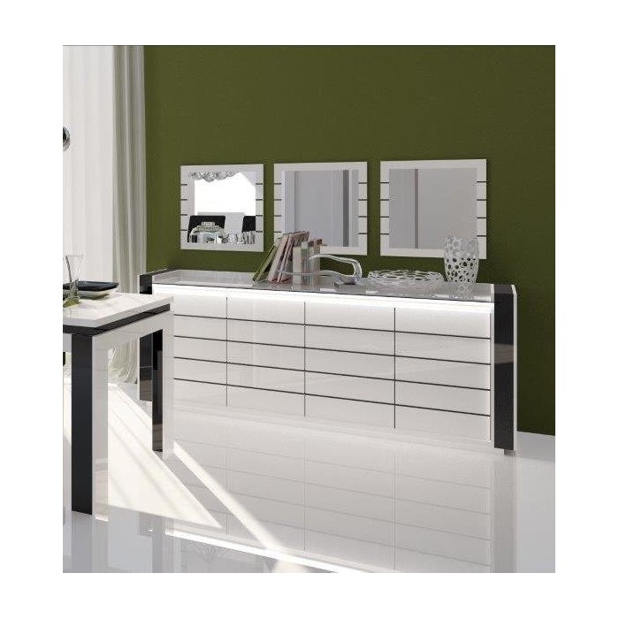 Buffet, bahut LINA blanc et noir brillant avec LED. Meuble design pour votre salle à manger