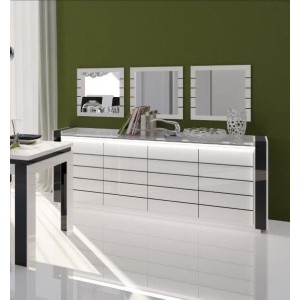 Buffet, bahut LINA blanc et noir brillant avec LED. Meuble design pour votre salle à manger
