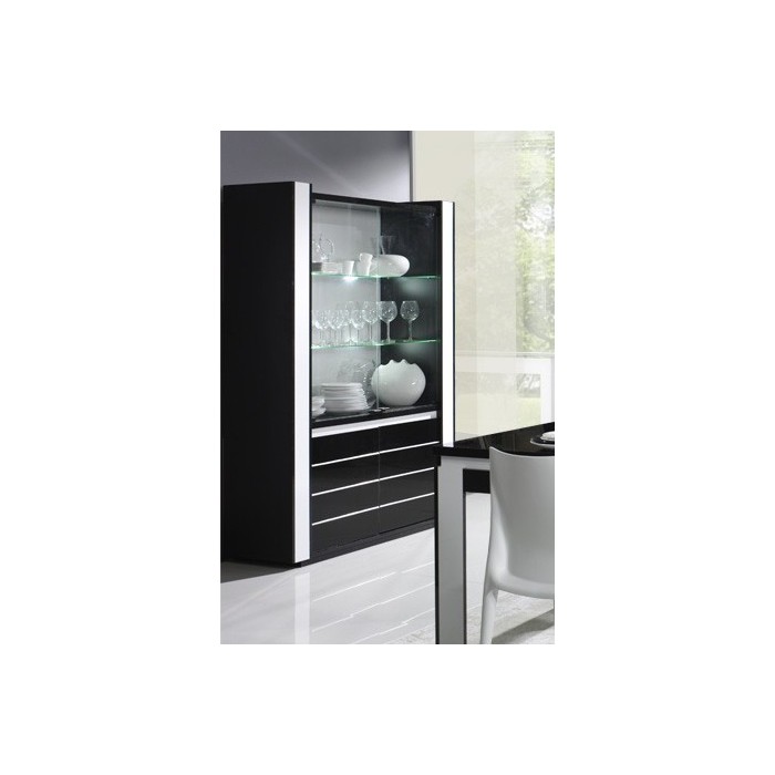 Vitrine argentier vaisselier LINA + LED coloris noir et blanc brillant. Meuble design pour votre salon ou salle à manger