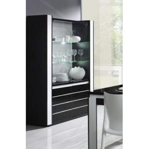 Vitrine argentier vaisselier LINA + LED coloris noir et blanc brillant. Meuble design pour votre salon ou salle à manger