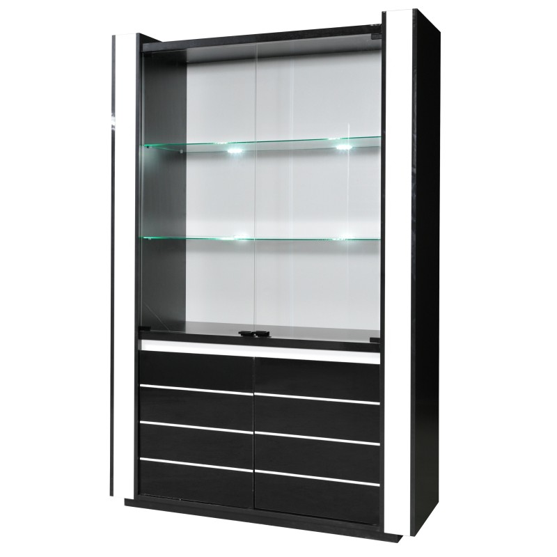 Vitrine argentier vaisselier LINA + LED coloris noir et blanc brillant. Meuble design pour votre salon ou salle à manger