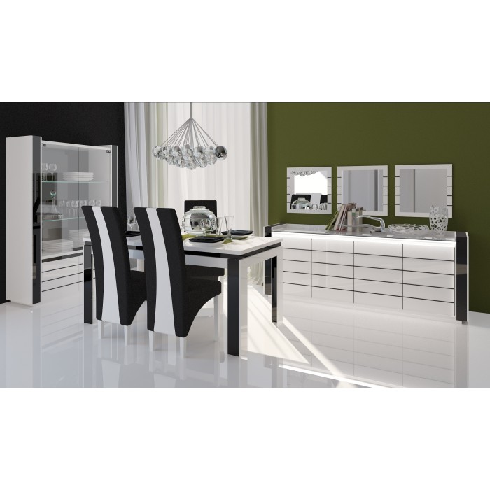 Vitrine argentier vaisselier LINA + LED coloris blanc et noir brillant. Meuble design pour votre salon ou salle à manger.