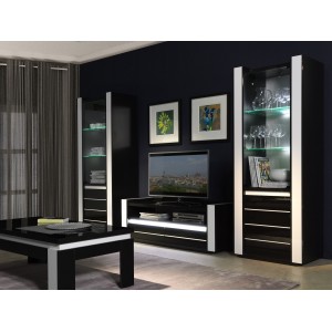 Meuble tv LINA noir et blanc brillant + LED