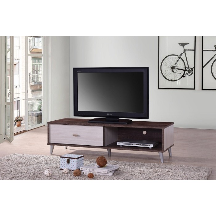 Meuble TV BODRUM 120 cm avec une porte coulissante coloris noyer et blanc.
