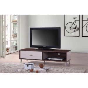 Meuble TV BODRUM 120 cm avec une porte coulissante coloris noyer et blanc.