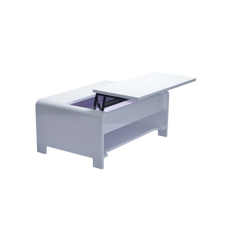 Table basse TRIEST design avec compartiment intérieur et porte invisible sur vérins, coloris blanc.