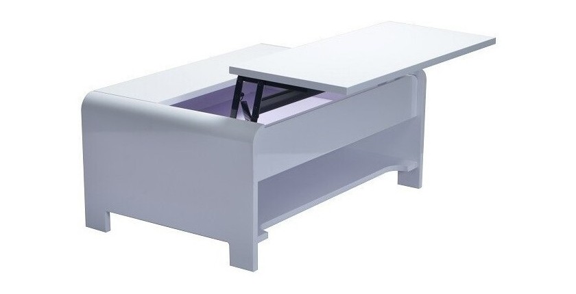 Table basse TRIEST design avec compartiment intérieur et porte invisible sur vérins, coloris blanc.