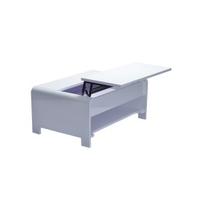 Table basse TRIEST design avec compartiment intérieur et porte invisible sur vérins, coloris blanc.