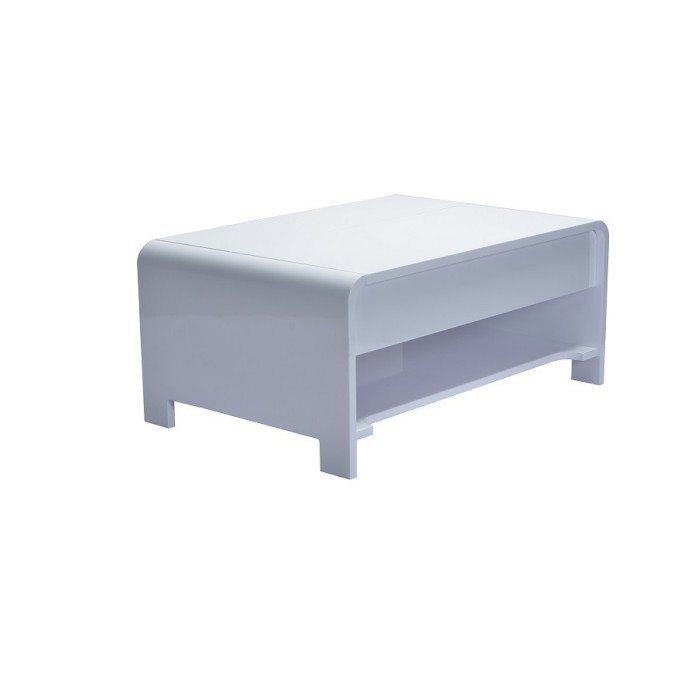 Table basse TRIEST design avec compartiment intérieur et porte invisible sur vérins, coloris blanc.