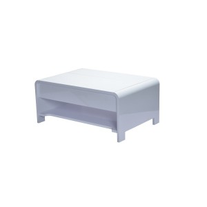 Table basse TRIEST design avec compartiment intérieur et porte invisible sur vérins, coloris blanc.