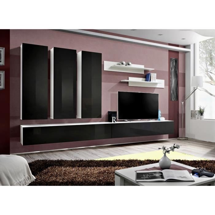 Meuble TV FLY E1 design, coloris blanc et noir noir brillant. Meuble suspendu moderne et tendance pour votre salon.