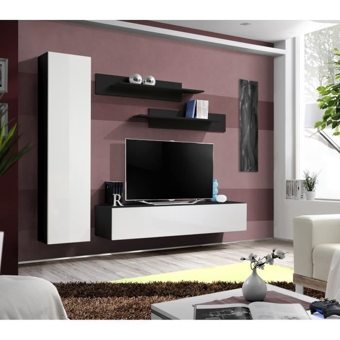 Meuble TV FLY G1 design, coloris noir et blanc brillant. Meuble suspendu moderne et tendance pour votre salon.