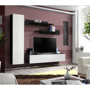Meuble TV FLY G1 design, coloris noir et blanc brillant. Meuble suspendu moderne et tendance pour votre salon.