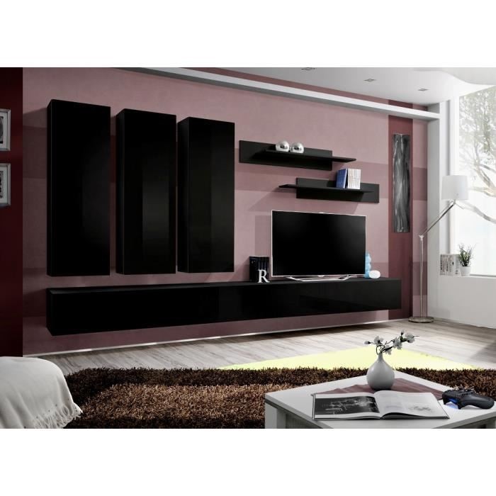 Meuble TV FLY E1 design, coloris noir brillant. Meuble suspendu moderne et tendance pour votre salon.