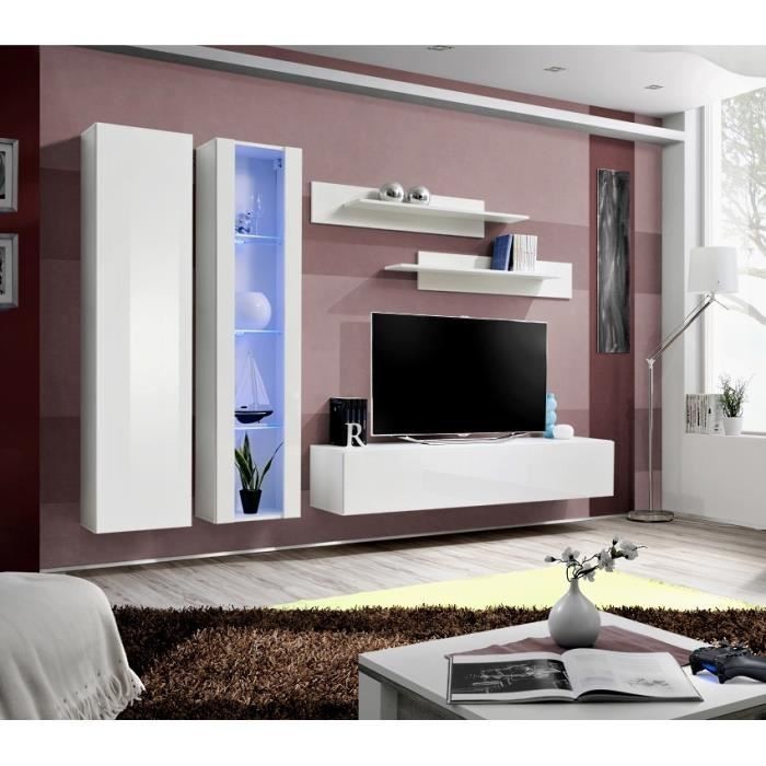 Meuble TV FLY A4 design, coloris blanc brillant + LED. Meuble suspendu moderne et tendance pour votre salon.