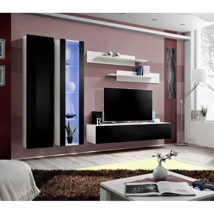Meuble TV FLY A4 design, coloris blanc et noir brillant + LED. Meuble suspendu moderne et tendance pour votre salon