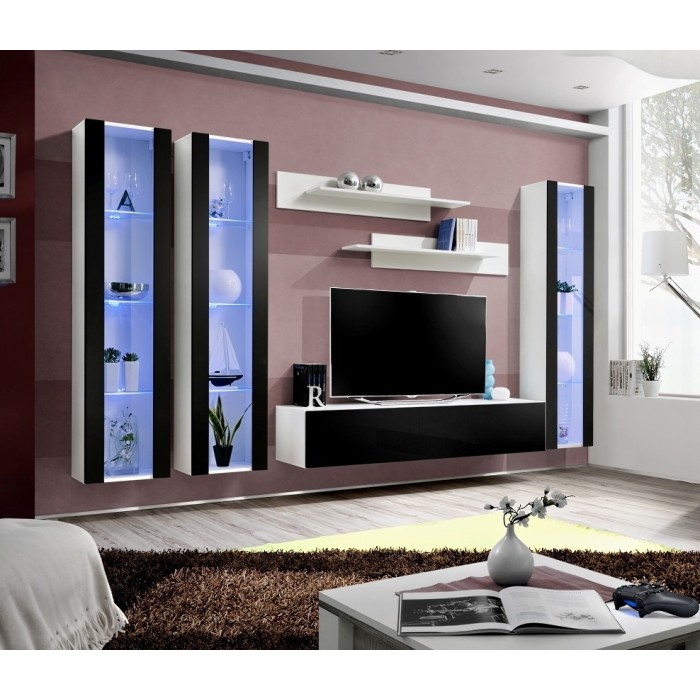 Meuble TV suspendu - FLY A4 - Couleur blanc et noir brillant.