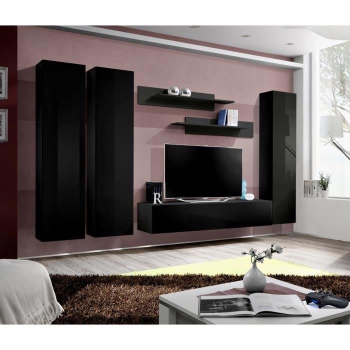 Meuble TV FLY design, coloris noir brillant. Meuble suspendu.