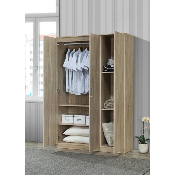 Armoire\Garde robe BERGAMA, 3 portes, contemporaine chêne Sonoma et poignées grises.