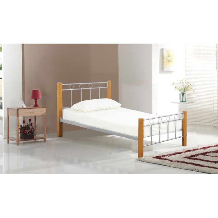 Lit EVELINE 90x200 cm en métal et bois coloris gris et naturel avec sommier.
