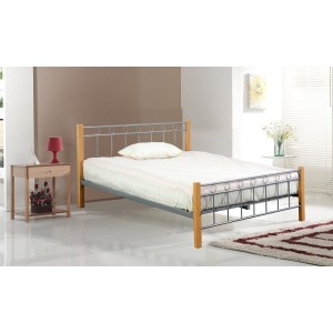 Lit EVELINE 160x200 cm en métal et bois coloris gris et naturel avec sommier.