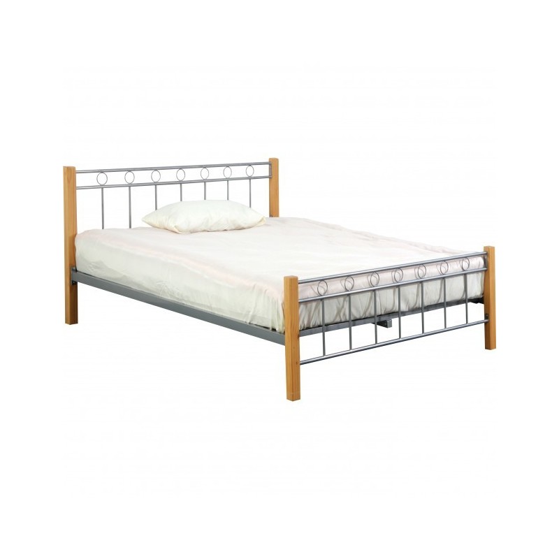 Lit EVELINE 160x200 cm en métal et bois coloris gris et naturel avec sommier.