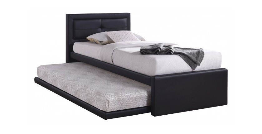 Lit avec tiroir-lit RODAN 90x200 cm en simili cuir coloris noir, sommier inclus.