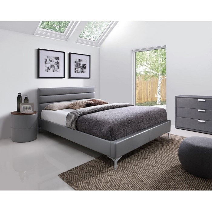 Lit THOMAS 160x200 cm en simili cuir, coloris gris, sommier inclus