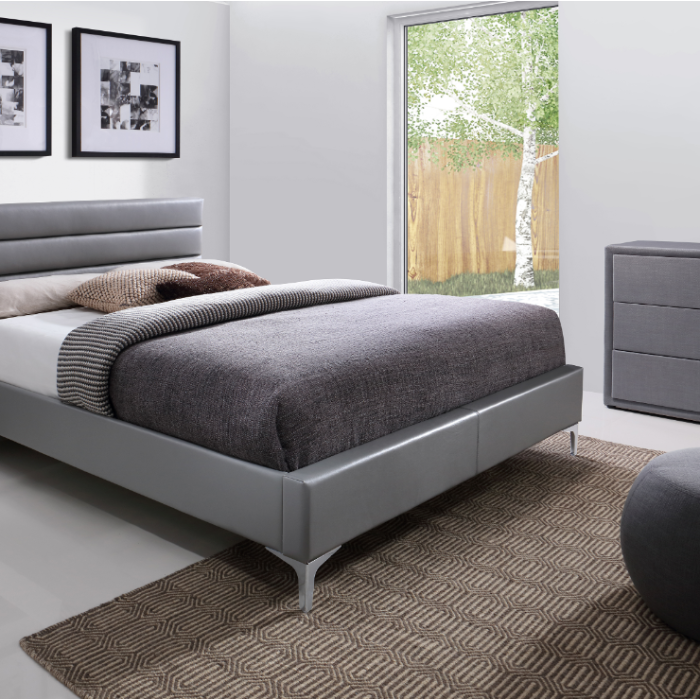 Lit THOMAS 160x200 cm en simili cuir, coloris gris, sommier inclus