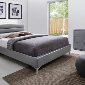 Lit THOMAS 160x200 cm en simili cuir, coloris gris, sommier inclus