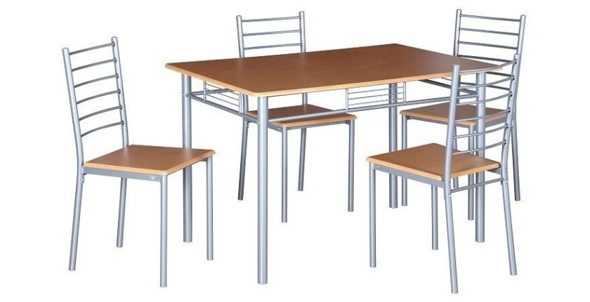Table de cuisine et salle à manger + 4 chaises ANKARA coloris bois nature. Ensemble repas design métal et bois