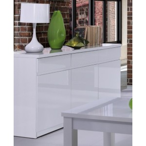 Buffet, bahut, enfilade 3 portes et 3 tiroirs FABIO + Miroir. Coloris blanc brillant. Meuble pour salon salle à manger