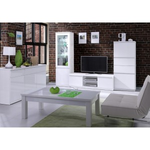 Buffet, bahut, enfilade 3 portes et 3 tiroirs FABIO + Miroir. Coloris blanc brillant. Meuble pour salon salle à manger