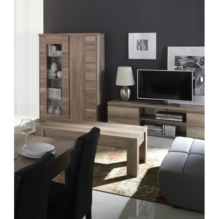 Ensemble ROMI pour salon coloris chêne dab canyon. Vitrine, meuble tv, table basse.
