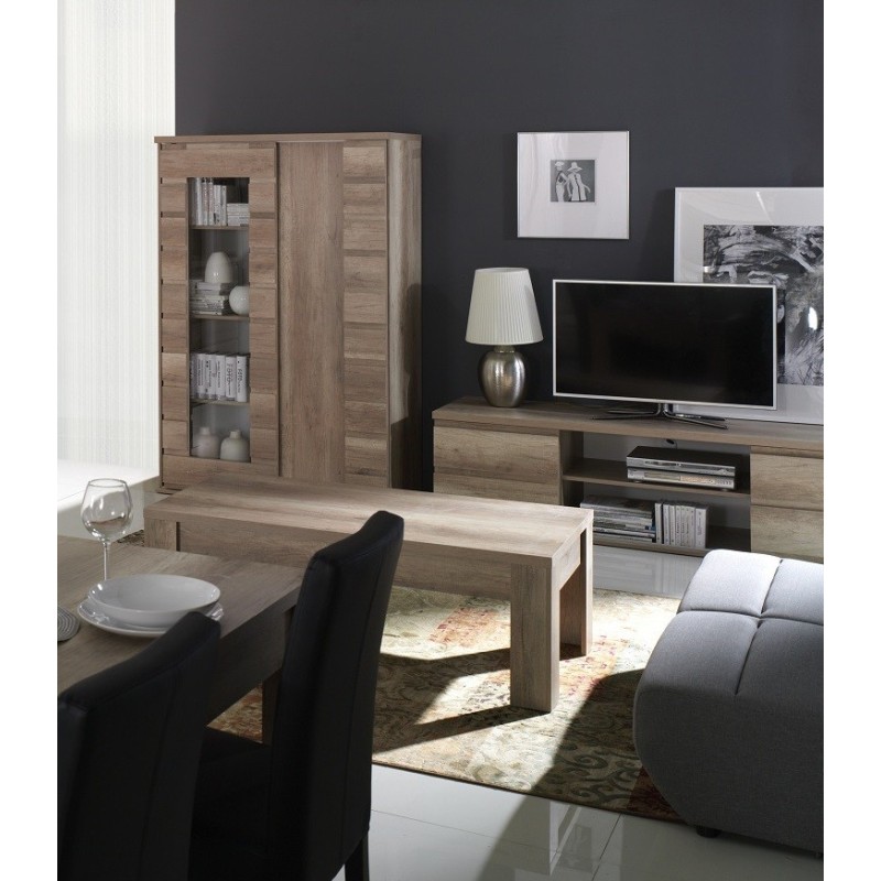 Ensemble ROMI pour salon coloris chêne dab canyon. Vitrine, meuble tv, table basse.